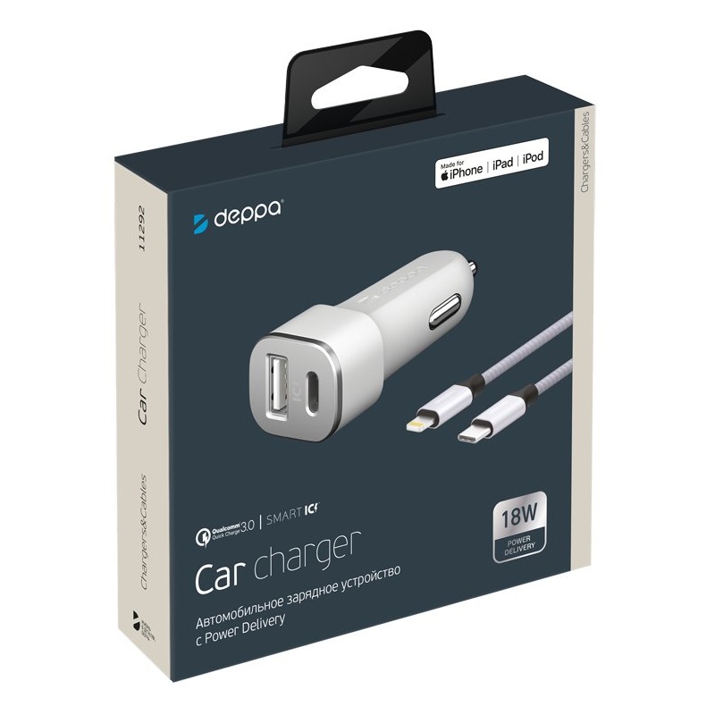 Автомобильное зарядное устройство Deppa Car charger USB Type-C + USB A, PD 18W, QC 3.0 Дата-кабель USB-C – Lightning, MFI (11292)