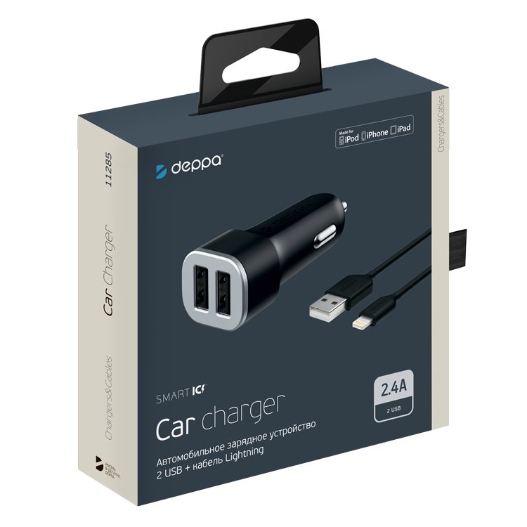 Автомобильное зарядное устройство Deppa Car charger 2 USB 2.4А, дата-кабель 8-pin, MFI (11285)