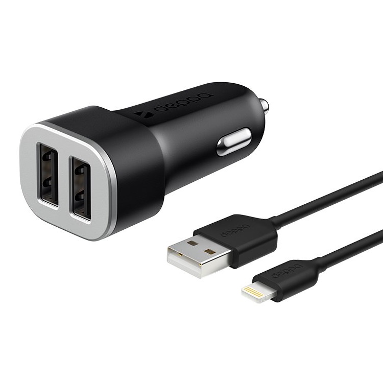 Автомобильное зарядное устройство Deppa Car charger 2 USB 2.4А, дата-кабель 8-pin, MFI (11285)