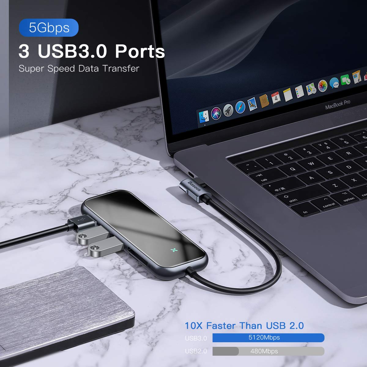 USB-концентратор Baseus Multi-functional HUB Type-C to USB3.0x3/ HDMI/ Type-C/ TF/ SD (CAHUB-CZ0G) для Macbook
