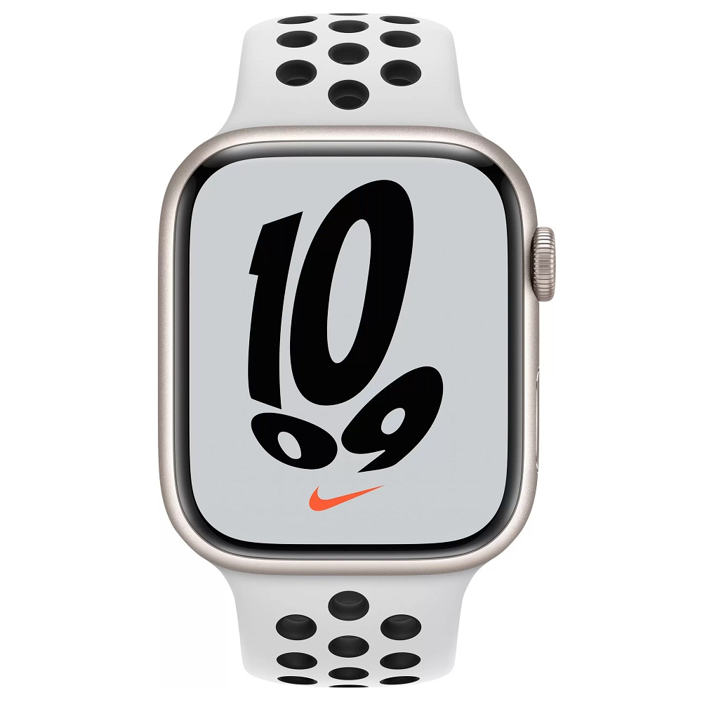 Часы Apple Watch Series 7 GPS 45mm Aluminum Case with Nike Sport Band (MKNA3) (Starlight Aluminum Case with Pure Platinum/Black Nike Sport Band)