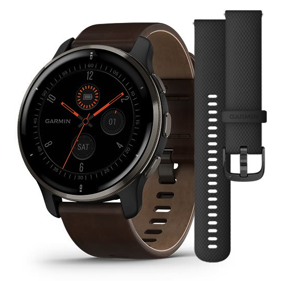 Умные часы Garmin Venu 2 Plus Slate Stainless Steel Bezel With Slate Case And Brown Leather Band (010-02496-15)