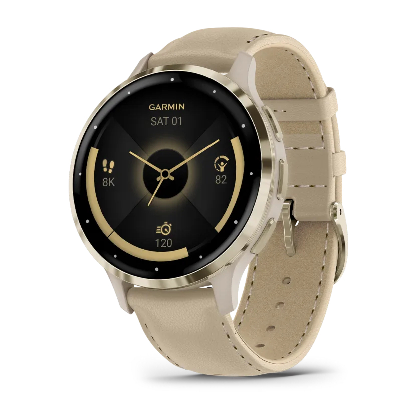 Умные часы Garmin Venu 3S Soft gold stainless steel bezel with French grey case and leather band (010-02785-55)