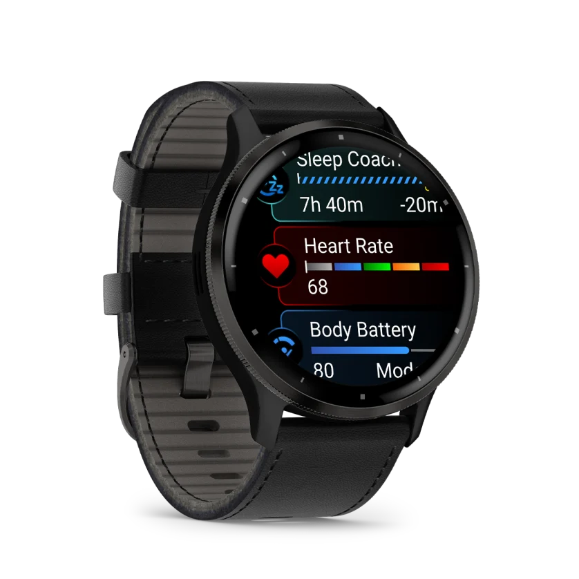 Умные часы Garmin Venu 3 Slate stainless steel bezel with black case and black leather band (010-02784-52)