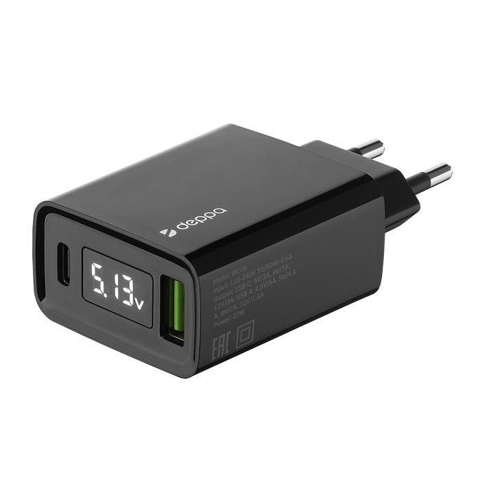 Сетевое зарядное устройство Deppa USB A + USB-C, PD, QC 3.0, 27W (11395)
