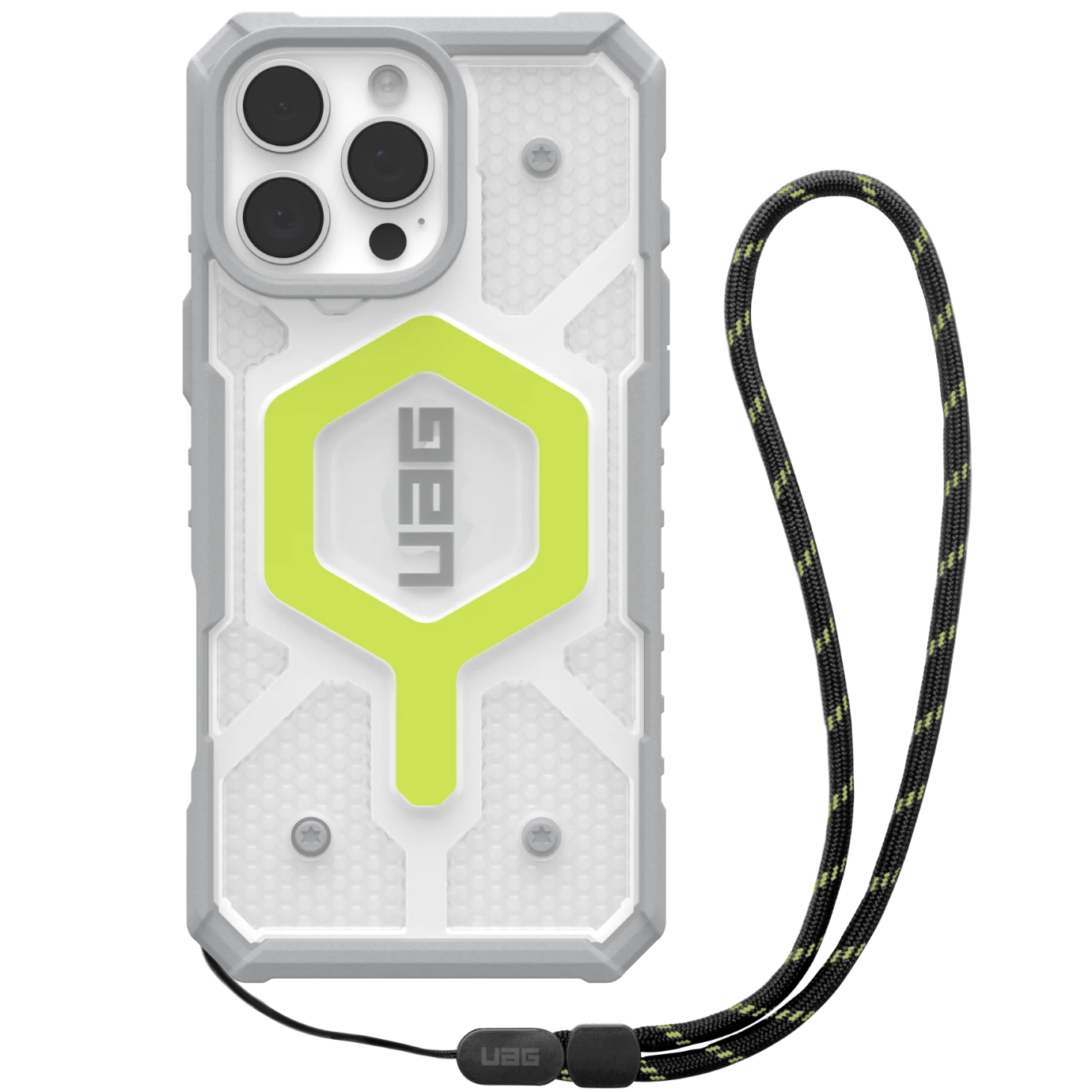 Противоударный защитный чехол UAG Pathfinder Clear MagSafe для iPhone 16 Pro Max Active Neon Case + Black Neon Lanyard
