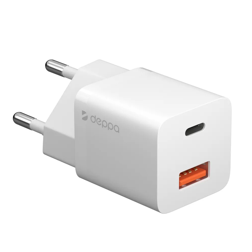 Сетевое зарядное устройство Deppa GaN Wall Charger USB + Type-C Power Delivery+QC 3.0 20Вт (11410) White