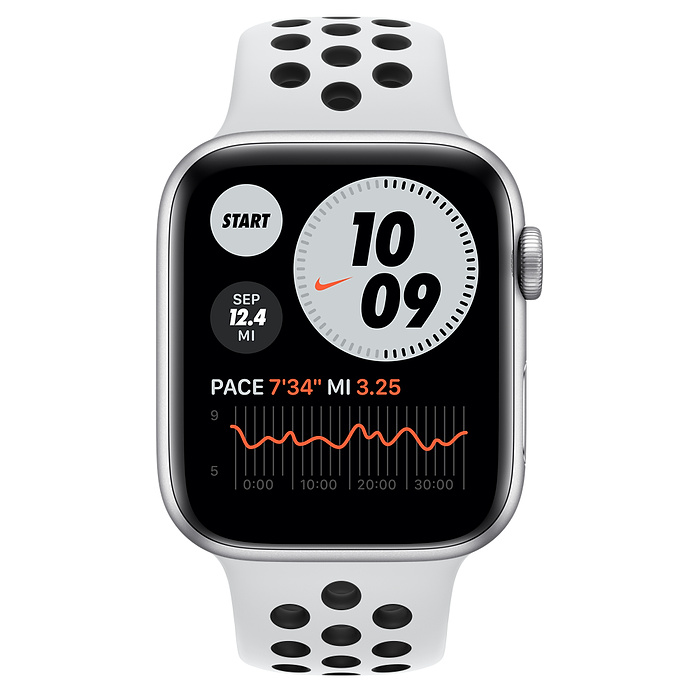 Часы Apple Watch Series 6 GPS 44mm Aluminum Case with Nike Sport Band (MG293RU/A) (Silver Aluminum Case with Pure Platinum/Black Nike Sport Band)