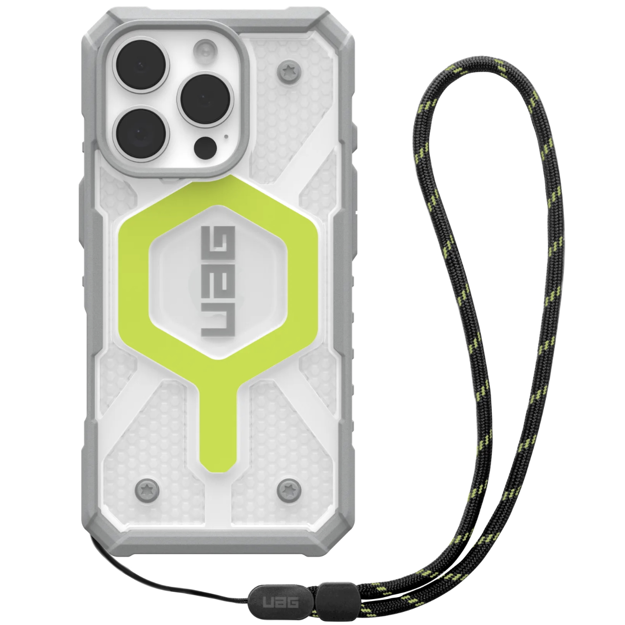 Противоударный защитный чехол UAG Pathfinder Clear MagSafe для iPhone 16 Pro Active Neon Case + Black Neon Lanyard